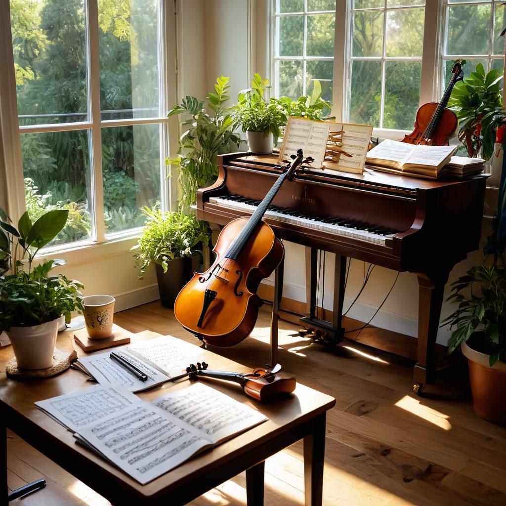 An artistic workspace with sheet music scattered across a wooden table, surrounded by colorful musical instruments like a grand piano, a violin, and a guitar. Soft sunlight streams through a window, illuminating a notebook filled with creative music compositions and doodles. In the background, a lush garden view adds inspiration to the scene. Include hints of flowing musical notes visually escaping from the instruments. vibrant colors. super-realistic.