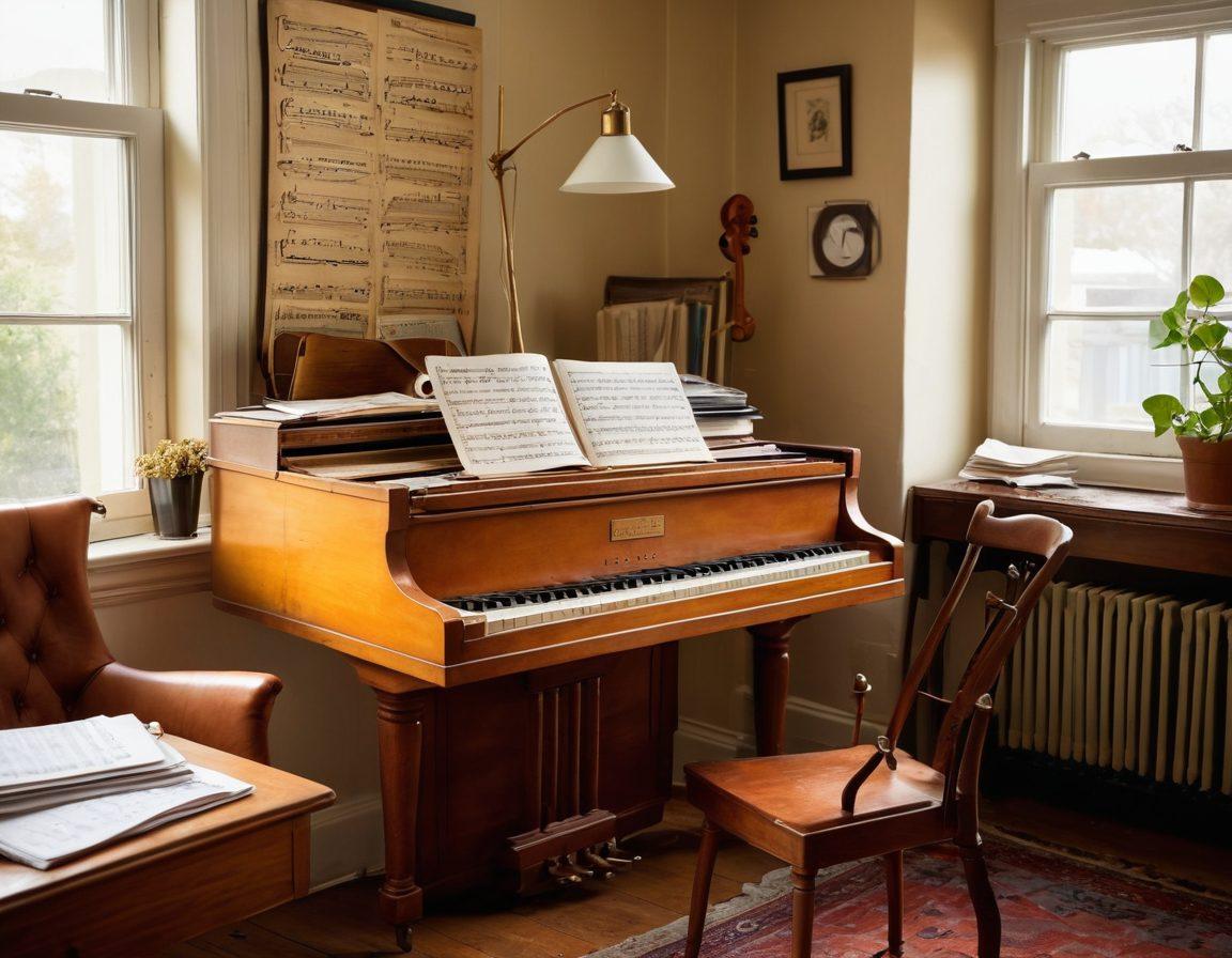 A creative workspace filled with sheet music scattered across a wooden desk, an open notebook with musical notes and sketches of compositions, a vintage piano in the background, soft natural light illuminating the scene, and a few musical instruments like a guitar and a violin. super-realistic. warm tones. vibrant colors.