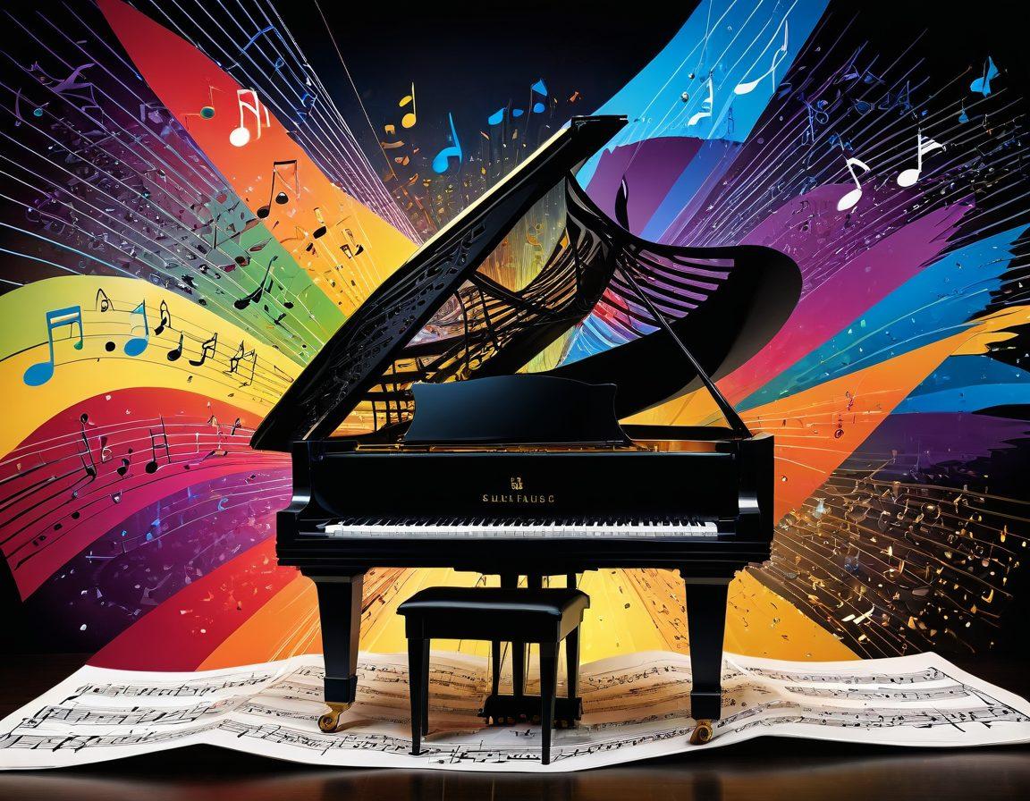 An intricate collage featuring a grand piano surrounded by musical notes and sheet music, with vibrant colors of sound waves cascading through the air. In the background, a silhouette of a composer deep in thought, while a guitar rests against a wall filled with musical symbols. The entire scene is harmoniously intertwined with elements of music theory, like scales and chords. 3D effect. vibrant colors.
